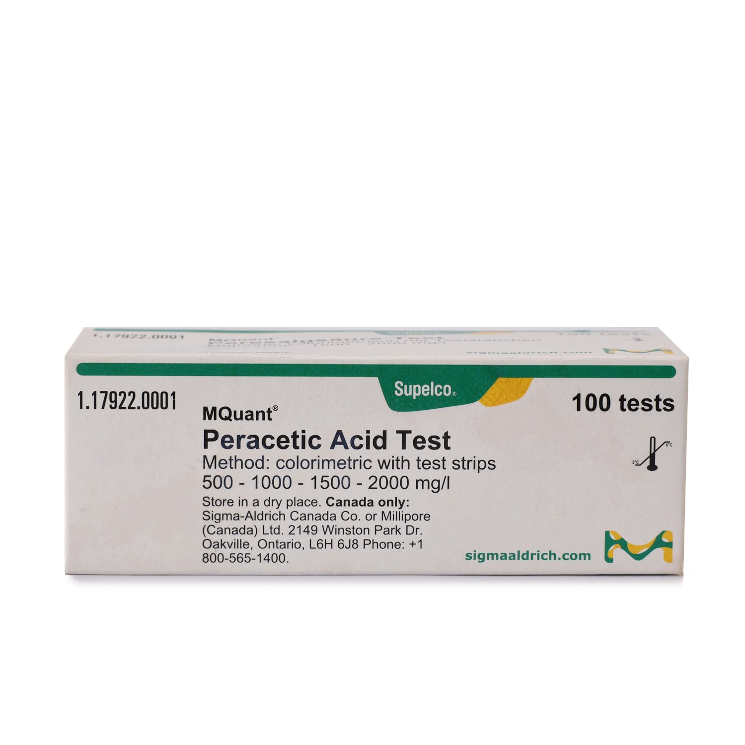 Peracetic Acid Test Method: colorimetric with test strips 100 - 150 - 200 - 250 - 300 - 400 - 500 mg/l MQuant™